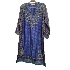 Silk Embroidered Tunic Dress, size 36 UK, 100% silk, Blue.